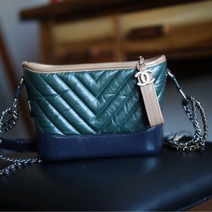 Chanel aged Calfiskin chevron quilted small Gabrielle hobo Green Black